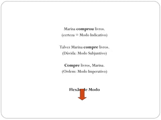 Marina comprou livros.
 (certeza = Modo Indicativo)

Talvez Marina compre livros.
 (Dúvida: Modo Subjuntivo)

  Compre livros, Marina.
 (Ordem: Modo Imperativo)



     Flexão de Modo
 