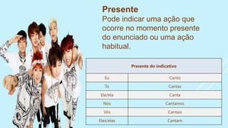 Presente
Pode indicar uma ação que
ocorre no momento presente
do enunciado ou uma ação
habitual.
Presente do indicativo
Eu Canto
Tu Cantas
Ele/ela Canta
Nós Cantamos
Vós Cantais
Eles/elas Cantam
 