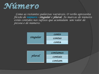 Como as restantes palavras variáveis. O verbo apresenta
flexão de número - singular e plural. As marcas de número
estão contidos nos sufixos que acumulam um valor de
pessoa e de número.



                            conto
           singular         contas
                            conta



                           contamos
            plural          contais
                           contam
 