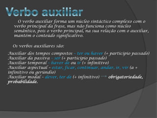 O verbo auxiliar forma um núcleo sintáctico complexo com o
  verbo principal da frase, mas não funciona como núcleo
  semântico, pois o verbo principal, na sua relação com o auxiliar,
  mantém o conteúdo significativo.

  Os verbos auxiliares são:
Auxiliar dos tempos compostos – ter ou haver (+ particípio passado)
Auxiliar da passiva – ser (+ particípio passado)
Auxiliar temporal – haver de ou ir (+ infinitivo)
Auxiliar aspectual – estar, ficar, continuar, andar, ir, vir (a +
infinitivo ou gerúndio)
Auxiliar modal – dever, ter de (+ infinitivo)    obrigatoriedade,
probabilidade.
 