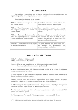 PALABRAS – SEÑAL

       Las palabras y expresiones que se dan a continuación son conocidas, pero son
importantes para leer bien porque indican lo que va a ocurrir.

       Ejercítese en descubrirlas en sus lecturas:

Palabras – Avance: Indican que va a hacer Y también, asimismo, además incluso, de
más sobre lo mismo.                       igual manera, de nuevo, por otra parte.

Palabras – Pausa: Indican que ha de leerse Por      ejemplo, como, tal   como,
más despacio porque va a ocurrir un especialmente, porque si, supuesto que, con
cambio de idea.                            tal que.

Palabras – Retroceso: Indican que ha de Pero, sin embargo, en realidad, de hecho,
leerse más despacio porque va a ocurrir un no obstante, con todo, a pesar de que,
cambio de idea, en el sentido opuesto.     aunque, más bien que, en vez de, por otra
                                           parte, en cambio, mientras que.

Palabras – Llegada: Indican que se llega a Así, pues, por ende, por tanto, según, esto,
un resumen o conclusión.                   en resumen, por consiguiente, en
                                           consecuencia, en conclusión.




                           ANOTACIONES GRAMATICALES

“Deber” + infinitivo = Obligatoriedad
“Deber de” + infinitivo = Probabilidad

Ejemplo: Debes ser mas cuidadoso con tus objetos personales(obligatoriedad)
         Deben de ser las ocho más o menos (probabilidad)

Se deben evitar las expresiones cada vez más extendidas “a nivel de” y “en base a” empleando
otras construcciones que las eviten.

Ej. Hizo el análisis en base a los datos (incorrecto) por Hizo el análisis sobre la base de los
datos o con base en los datos (correcto)

Empieza a se un vacío muy extendido especialmente en la lengua hablada, el llamado
“dequeismo” consistente en introducir la preposición “de” innecesariamente.

Ej. “Pienso de que” “en lugar de pienso que” “Digo de que . . .” en lugar de “digo que”
“estimo de que no es justo” en lugar de “Estimo que no es justo”

Por el contrario y propio de puristas suele ser el adequeismo o supresión incorrecta del “de”
cuando debe constar o figurar.

Ej. “Estar seguro que ” en lugar de “Estar seguro de que “ estar persuadido de que


“a” + infinito como complemento de un nombre es un galicismo que se ha de evitar
 