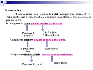 Observações: O  verbo  haver  com  sentido de  existir  é impessoal, entretanto o verbo existir, não é impessoal, ele concorda normalmente com o sujeito ao qual se refere. Ex.: Antigamente  havia   poucas escolas particulares . Antigamente  existiam   poucas escolas particulares . 3ª pessoa do singular Não é sujeito, é  objeto direto sujeito plural 3ª pessoa do  plural Antigamente  deviam existir   poucas escolas particulares . 3ª pessoa do plural sujeito plural 