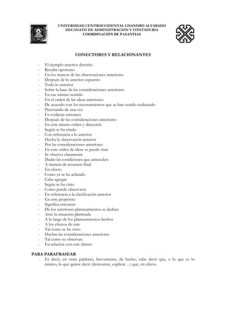 UNIVERSIDAD CENTROCCIDENTAL LISANDRO ALVARADO
                 DECANATO DE ADMINISTRACION Y CONTADURIA
                        COORDINACIÒN DE PASANTIAS




                       CONECTORES Y RELACIONANTES

   -   El ejemplo anterior descrito
   -   Resulta oportuno
   -   En los marcos de las observaciones anteriores
   -   Después de lo anterior expuesto
   -   Todo lo anterior
   -   Sobre la base de las consideraciones anteriores
   -   En ese mismo sentido
   -   En el orden de las ideas anteriores
   -   De acuerdo con los razonamientos que se han venido realizando
   -   Precisando de una vez
   -   Es evidente entonces
   -   Después de las consideraciones anteriores
   -   En este mismo orden y dirección
   -   Según se ha citado
   -   Con referencia a lo anterior
   -   Hecha la observación anterior
   -   Por las consideraciones anteriores
   -   En este orden de ideas se puede citar
   -   Se observa claramente
   -   Dadas las condiciones que anteceden
   -   A manera de resumen final
   -   En efecto
   -   Como ya se ha aclarado
   -   Cabe agregar
   -   Según se ha visto
   -   Como puede observarse
   -   En referencia a la clasificación anterior
   -   En este propósito
   -   Significa entonces
   -   De los anteriores planteamientos se deduce
   -   Ante la situación planteada
   -   A lo largo de los planteamientos hechos
   -   A los efectos de este
   -   Tal como se ha visto
   -   Hechas las consideraciones anteriores
   -   Tal como se observan
   -   En relación con este último

PARA PARAFRASEAR
  - Es decir, en otras palabras, brevemente, de hecho, cabe decir que, o lo que es lo
     mismo, lo que quiere decir (demostrar, explicar…) que, en efecto.
 