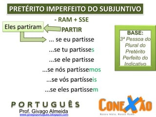 - RAM + SSE
PARTIR
...se tu partisses
...se ele partisse
...se nós partíssemos
...se vós partísseis
...se eles partissem
... se eu partisse
PRETÉRITO IMPERFEITO DO SUBJUNTIVO
Eles partiram
Prof. Givago Almeidawww.givagoportugues.blogspot.com
BASE:
3ª Pessoa do
Plural do
Pretérito
Perfeito do
Indicativo
 
