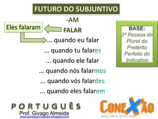 -AM
FALAR
... quando tu falares
... quando ele falar
... quando nós falarmos
... quando vós falardes
... quando eles falarem
... quando eu falar
FUTURO DO SUBJUNTIVO
Eles falaram
Prof. Givago Almeidawww.givagoportugues.blogspot.com
BASE:
3ª Pessoa do
Plural do
Pretérito
Perfeito do
Indicativo
 
