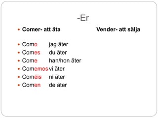 -Er 
 Comer- att äta Vender- att sälja 
 Como jag äter 
 Comes du äter 
 Come han/hon äter 
 Comemos vi äter 
 Coméis ni äter 
 Comen de äter 
 