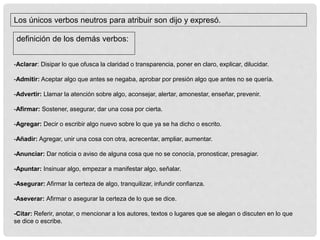 Los únicos verbos neutros para atribuir son dijo y expresó.
definición de los demás verbos:
-Aclarar: Disipar lo que ofusca la claridad o transparencia, poner en claro, explicar, dilucidar.
-Admitir: Aceptar algo que antes se negaba, aprobar por presión algo que antes no se quería.
-Advertir: Llamar la atención sobre algo, aconsejar, alertar, amonestar, enseñar, prevenir.
-Afirmar: Sostener, asegurar, dar una cosa por cierta.
-Agregar: Decir o escribir algo nuevo sobre lo que ya se ha dicho o escrito.
-Añadir: Agregar, unir una cosa con otra, acrecentar, ampliar, aumentar.
-Anunciar: Dar noticia o aviso de alguna cosa que no se conocía, pronosticar, presagiar.
-Apuntar: Insinuar algo, empezar a manifestar algo, señalar.
-Asegurar: Afirmar la certeza de algo, tranquilizar, infundir confianza.
-Aseverar: Afirmar o asegurar la certeza de lo que se dice.
-Citar: Referir, anotar, o mencionar a los autores, textos o lugares que se alegan o discuten en lo que
se dice o escribe.
 