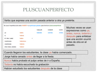 PLUSCUANPERFECTO
Verbo que expresa una acción pasada anterior a otra ya pretérita.
Muchas veces se usan
expresiones como ya,
antes, nunca, todavía y
después para enfatizar
que una acción ocurrió
antes de otra en el
pasado.
Cuando llegaron los estudiantes, la clase ya había comenzado.
Jorge había cenado antes de llegar a la fiesta.
Nunca había probado el pulpo antes de ir a España.
Todavía no había escuchado la grabación
Habían estudiado los estudiantes después de la clase
 