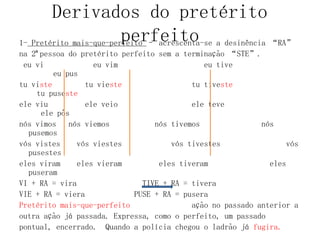 Derivados do pretérito
perfeito
1- Pretérito mais-que-perfeito – acrescenta-se a desinência “RA”
na 2ªpessoa do pretérito perfeito sem a terminação “STE”.
eu vi eu vim eu tive
eu pus
tu viste tu vieste tu tiveste
tu puseste
ele viu ele veio ele teve
ele pôs
nós vimos nós viemos nós tivemos nós
pusemos
vós vistes vós viestes vós tivestes vós
pusestes
eles viram eles vieram eles tiveram eles
puseram
VI + RA = vira TIVE + RA = tivera
VIE + RA = viera PUSE + RA = pusera
Pretérito mais-que-perfeito ação no passado anterior a
outra ação já passada. Expressa, como o perfeito, um passado
pontual, encerrado. Quando a polícia chegou o ladrão já fugira.
 