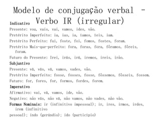 Modelo de conjugação verbal –
Verbo IR (irregular)
Indicativo
Presente: vou, vais, vai, vamos, ides, vão.
Pretérito Imperfeito: ia, ias, ia, íamos, íeis, iam.
Pretérito Perfeito: fui, foste, foi, fomos, fostes, foram.
Pretérito Mais-que-perfeito: fora, foras, fora, fôramos, fôreis,
foram.
Futuro do Presente: Irei, irás, irá, iremos, ireis, irão.
Subjuntivo
Presente: vá, vás, vá, vamos, vades, vão.
Pretérito Imperfeito: fosse, fosses, fosse, fôssemos, fôsseis, fossem.
Futuro: for, fores, for, formos, fordes, forem.
Imperativo
Afirmativo: vai, vá, vamos, ide, vão.
Negativo: não vás, não vá, não vamos, não vades, não vão.
Formas Nominais: ir (infinitivo impessoal); ir, ires, irmos, irdes,
irem (infinitivo
pessoal); indo (gerúndio); ido (particípio)
 