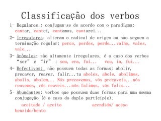 Classificação dos verbos
1- Regulares : conjugam-se de acordo com o paradigma:
cantar, cantei, cantamos, cantarei...
2- Irregulares: alteram o radical de origem ou não seguem a
terminação regular: perco, perdes, perde...valho, vales,
vale...
3- Anômalos: são altamente irregulares, é o caso dos verbos
“ser” e “ir” : sou, era, fui... vou, ia, fui...
4- Defectivos: não possuem todas as formas: abolir,
precaver, reaver, falir...tu aboles, abole, abolimos,
abolis, abolem... Nós precavemos, vós precaveis...nós
reavemos, vós reaveis...nós falimos, vós falis...
5- Abundantes: verbos que possuem duas formas para uma mesma
conjugação (é o caso do duplo particípio).
aceitado / aceito acendido/ aceso
benzido/bento
 