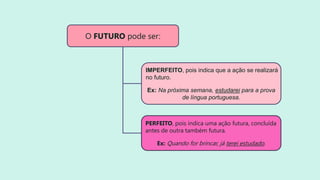 O FUTURO pode ser:
IMPERFEITO, pois indica que a ação se realizará
no futuro.
Ex: Na próxima semana, estudarei para a prova
de língua portuguesa.
PERFEITO, pois indica uma ação futura, concluída
antes de outra também futura.
Ex: Quando for brincar, já terei estudado.
 