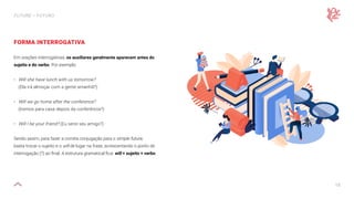15
FUTURE — FUTURO
FORMA INTERROGATIVA
Em orações interrogativas, os auxiliares geralmente aparecem antes do
sujeito e do verbo. Por exemplo:
• Will she have lunch with us tomorrow?
(Ela irá almoçar com a gente amanhã?)
• Will we go home after the conference?
(Iremos para casa depois da conferência?)
• Will I be your friend? (Eu serei seu amigo?)
Sendo assim, para fazer a correta conjugação para o simple future,
basta trocar o sujeito e o will de lugar na frase, acrescentando o ponto de
interrogação (?) ao final. A estrutura gramatical fica: will + sujeito + verbo.
 