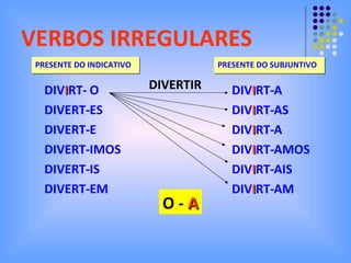 VERBOS IRREGULARES PRESENTE DO INDICATIVO DIV I RT- DIVERT- DIVERT- DIVERT- DIVERT- DIVERT- O ES E IMOS IS EM PRESENTE DO SUBJUNTIVO DIVERTIR O -  A DIV I RT- DIV I RT- DIV I RT- DIV I RT- DIV I RT- DIV I RT- A AS A AMOS AIS AM 