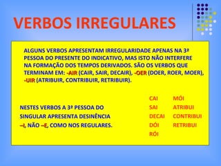 VERBOS IRREGULARES ALGUNS VERBOS APRESENTAM IRREGULARIDADE APENAS NA 3ª  PESSOA DO PRESENTE DO INDICATIVO, MAS ISTO NÃO INTERFERE NA FORMAÇÃO DOS TEMPOS DERIVADOS. SÃO OS VERBOS QUE TERMINAM EM:  -AIR  (CAIR, SAIR, DECAIR),  -OER  (DOER, ROER, MOER), -UIR  (ATRIBUIR, CONTRIBUIR, RETRIBUIR). CAI SAI DECAI DÓI RÓI MÓI ATRIBUI CONTRIBUI RETRIBUI NESTES VERBOS A 3ª PESSOA DO SINGULAR APRESENTA DESINÊNCIA – I , NÃO  –E , COMO NOS REGULARES. 