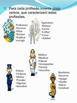 1. Para cada profissão inventa cinco
   verbos, que caracterizem estas
   profissões.
                       Agricultor:
       Professora:     •Semear
       •Escrever       •Lavrar
       •Ditar          •Colher
       •Ensinar        •Cavar
       •Explicar       •Adubar
       •corrigir




                     Médica:
                     •Medicar
                     •Operar
                     •Acompanhar
                     •Vacinar
       Polícia:      •Auscultar
                                     Bombeiro:
       •Ordenar
                                     •Socorrer
       •Multar
                                     •Apagar
       •Prender
                                     •Ajudar
       •Algemar
                                     •Salvar
       •descobrir
                                     •conduzir
 
