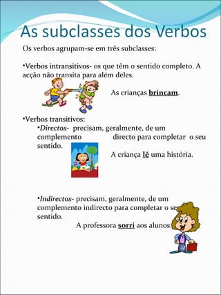Os verbos agrupam-se em três subclasses: Verbos intransitivos-  os que têm o sentido completo. A acção não transita para além deles. As crianças  brincam . Verbos transitivos: Directos -  precisam, geralmente, de um complemento  directo para completar  o seu sentido. A criança  lê  uma história. Indirectos - precisam, geralmente, de um complemento indirecto para completar o seu sentido. A professora  sorri  aos alunos. 