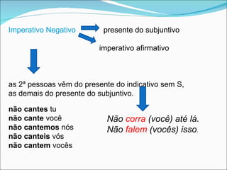 Imperativo Negativo    presente do subjuntivo  imperativo afirmativo  as 2ª pessoas vêm do presente do indicativo sem S,  as demais do presente do subjuntivo.   não cantes  tu não cante  você não cantemos  nós não canteis  vós não cantem  vocês Não  corra  (você) até lá. Não  falem  (vocês) isso . 