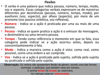 Flexões
•   O verbo é uma palavra que indica pessoa, número, tempo, modo,
    voz e aspecto. Essas categorias verbais expressam-se de maneiras
    diferentes por desinências (pessoa, número, tempo, modo), por
    auxiliares (voz, aspecto), por afixos (aspecto), por meio de um
    pronome (voz passiva sintética, voz reflexiva).
•   Número - Indica se a ação é praticada por uma ou mais de uma
    pessoa.
•   Pessoa - Indica se quem pratica a ação é o emissor da mensagem,
    o destinatário ou uma terceira pessoa.
•   Tempo - Tendo como refêrencia o momento em que se fala, essa
    categoria pode indicar se a ação ocorreu antes, depois ou
    concomitantemente à fala.
•   Modo - Indica a maneira como a ação é vista: como real, como
    possível, como uma ordem a ser cumprida.
•   Voz - Indica se a ação é praticada pelo sujeito, sofrida pelo sujeito
    ou praticada e sofrida pelo sujeito.
•   Observação:Expressa não apresentam flexão dea ação exceto uma das formas
    Aspecto - Os verbos o momento em que gênero, é representada (seu
    início, seu nominais: o particípio, seu também varia em número.
                 desenrolar ou que final) ou acrescenta-lhe algum
    sentido especial, como a ideia de repetição da ação.
                     O animal ferido foi levado ao veterinário.
                        As crianças estavam esfomeadas.
 