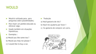 WOULD
 Would é utilizado para para
perguntas sobre possibilidades;
 Para fazer um pedido educado ou
oferecer algo;
 Usado também em situações
hipotéticas.
 Exemplos :
a) Would you like some tea ?
b) Would you help me please ?
c) I would like to buy a car.
 Tradução
a) Você gostaria de chá ?
b) Você me ajudaria por favor ?
c) Eu gostaria de comprar um carro.
 