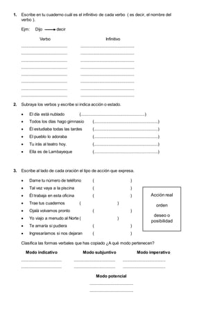 1. Escribe en tu cuaderno cuál es el infinitivo de cada verbo ( es decir, el nombre del
verbo ).
Ejm: Dijo decir
Verbo Infinitivo
......................................... ................................................
......................................... ................................................
......................................... ................................................
......................................... ................................................
......................................... ................................................
......................................... ................................................
......................................... ................................................
......................................... ................................................
2. Subraya los verbos y escribe si indica acción o estado.
 El día está nublado (.........................................................)
 Todos los días hago gimnasio (.........................................................)
 Él estudiaba todas las tardes (.........................................................)
 El pueblo lo adoraba (.........................................................)
 Tu irás al teatro hoy. (.........................................................)
 Ella es de Lambayeque (.........................................................)
3. Escribe al lado de cada oración el tipo de acción que expresa.
 Dame tu número de teléfono ( )
 Tal vez vaya a la piscina ( )
 Él trabaja en esta oficina ( )
 Trae tus cuadernos ( )
 Ojalá volvamos pronto ( )
 Yo viajo a menudo al Norte ( )
 Te amaría si pudiera ( )
 Ingresaríamos si nos dejaran ( )
Clasifica las formas verbales que has copiado ¿A qué modo pertenecen?
Modo indicativo Modo subjuntivo Modo imperativo
.................................... ..................................... ......................................
.................................... ..................................... ......................................
Modo potencial
.......................................
.......................................
Acción real
orden
deseo o
posibilidad
 