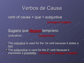 Verbos de Causa
verb of cause + que + subjuntive
                                (change of subject)


Sugiero que llegues temprano.
(indicative)             (subjunctive)

The indicative is used for the 1st verb because it states a
fact.
The subjunctive is used for the 2nd verb because it
expresses a possibility. (if there is a change in subject)
 
