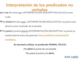 Interpretación de los predicados no
verbales
He ate the meat raw. (INTERPRETACIÓN DESCRIPTIVA) /Comió la carne
cruda.
Pat kicked the door open. (INTERPRETACIÓN RESULTATIVA: la puerta está
abierta como resultado de la patada)
Pat pateó la puerta abierta (INTERPRETACIÓN DESCRIPTIVA: la puerta ya
estaba abierta antes de patearla). No es posible la interpretación
resultativa.
Es necesario utilizar un predicadoVERBAL TÉLICO:
Pat abrió la puerta de una patada.
Pat pateó la puerta y la abrió.
Aske (1989)
 