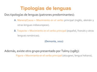 Tipologías de lenguas
Dos tipologías de lenguas (patrones predominantes):
A. Manera/Causa + Movimiento en el verbo principal (inglés, alemán y
otras lenguas indoeuropeas).
B. Trayecto + Movimiento en el verbo principal (español, francés y otras
lenguas románicas).
(Demonte, 2011)
Además, existe otro grupo presentado por Talmy (1985):
Figura + Movimiento en el verbo principal (atsugewi, lengua hokana).
 