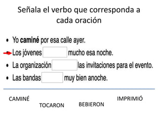 Señala el verbo que corresponda a
cada oración
CAMINÉ
BEBIERON
IMPRIMIÓ
TOCARON
 