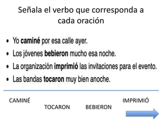 Señala el verbo que corresponda a
cada oración
CAMINÉ
TOCARON BEBIERON
IMPRIMIÓ
 