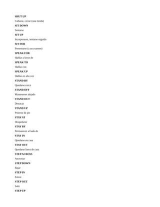 SHUT UP
Callarse, cerrar (una tienda)
SIT DOWN
Sentarse
SIT UP
Incorporarse, sentarse erguido
SIT FOR
Presentarse (a un examen)
SPEAK FOR
Hablar a favor de
SPEAK TO
Hablar con
SPEAK UP
Hablar en alta voz
STAND BY
Quedarse cerca
STAND OFF
Mantenerse alejado
STAND OUT
Destacar
STAND UP
Ponerse de pie
STAY AT
Hospedarse
STAY BY
Permanecer al lado de
STAY IN
Quedarse en casa
STAY OUT
Quedarse fuera de casa
STEP ACROSS
Atravesar
STEP DOWN
Bajar
STEP IN
Entrar
STEP OUT
Salir
STEP UP
 