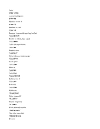 Subir
STEP UP TO
Acercarse a (alguien)
STOP BY
Quedarse al lado de
STOP IN
Quedarse en casa
STOP UP
Empastar (una muela), tapar (una botella)
TAKE DOWN
Escribir al dictado, bajar (algo)
TAKE FOR
Tomar por (equivocarse)
TAKE IN
Engañar, meter
TAKE OFF
Quitarse (una prenda), despegar
TAKE OUT
Sacar, quitar
TAKE TO
Llevar a
TAKE UP
Subir (algo)
TALK ABOUT
Hablar acerca de
TALK OF
Hablar de
TALK TO
Hablar con
TEAR AWAY
Quitar (rasgando)
TEAR OFF
Separar (rasgando)
TEAR UP
Hacer pedazos (rasgando)
THROW AWAY
Tirar (algo inservible)
THROW BACK
Devolver
 