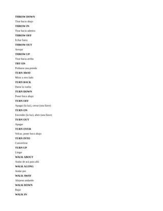 THROW DOWN
Tirar hacia abajo
THROW IN
Tirar hacia adentro
THROW OFF
Echar fuera
THROW OUT
Arrojar
THROW UP
Tirar hacia arriba
TRY ON
Probarse una prenda
TURN AWAY
Mirar a otro lado
TURN BACK
Darse la vuelta
TURN DOWN
Poner boca abajo
TURN OFF
Apagar (la luz), cerrar (una llave)
TURN ON
Encender (la luz), abrir (una llave)
TURN OUT
Apagar
TURN OVER
Volcar, poner boca abajo
TURN INTO
Convertirse
TURN UP
Llegar
WALK ABOUT
Andar de acá para allá
WALK ALONG
Andar por
WALK AWAY
Alejarse andando
WALK DOWN
Bajar
WALK IN
 