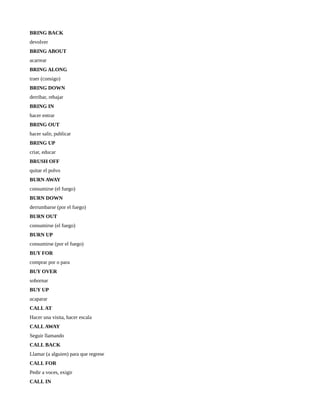 BRING BACK
devolver
BRING ABOUT
acarrear
BRING ALONG
traer (consigo)
BRING DOWN
derribar, rebajar
BRING IN
hacer entrar
BRING OUT
hacer salir, publicar
BRING UP
criar, educar
BRUSH OFF
quitar el polvo
BURN AWAY
consumirse (el fuego)
BURN DOWN
derrumbarse (por el fuego)
BURN OUT
consumirse (el fuego)
BURN UP
consumirse (por el fuego)
BUY FOR
comprar por o para
BUY OVER
sobornar
BUY UP
acaparar
CALL AT
Hacer una visita, hacer escala
CALL AWAY
Seguir llamando
CALL BACK
Llamar (a alguien) para que regrese
CALL FOR
Pedir a voces, exigir
CALL IN
 