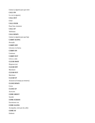 Llamar (a alguien) para que entre
CALL ON
Ir a ver (a alguien)
CALL OUT
Gritar
CALL OVER
Pasar lista, enumerar
CALL UP
Telefonear
CALL DOWN
Llamar (a alguien) para que baje
CARRY ALONG
Persuadir
CARRY OFF
Llevarse a la fuerza
CARRY ON
Continuar
CARRY OUT
Llevar a cabo
CLEAR AWAY
Dispersar (se)
CLEAR OFF
Marcharse
CLEAR OUT
Marcharse
CLEAR UP
Aclararse (el tiempo,un misterio)
CLOSE DOWN
Cerrar
CLOSE UP
Acercarse
COME ABOUT
Suceder
COME ACROSS
Encontrarse con
COME ALONG
Acompañar, venir por (la calle)
COME AT
Embestir
 