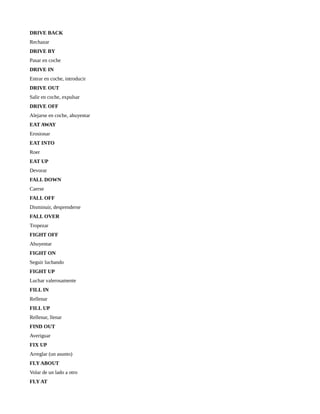 DRIVE BACK
Rechazar
DRIVE BY
Pasar en coche
DRIVE IN
Entrar en coche, introducir
DRIVE OUT
Salir en coche, expulsar
DRIVE OFF
Alejarse en coche, ahuyentar
EAT AWAY
Erosionar
EAT INTO
Roer
EAT UP
Devorar
FALL DOWN
Caerse
FALL OFF
Disminuir, desprenderse
FALL OVER
Tropezar
FIGHT OFF
Ahuyentar
FIGHT ON
Seguir luchando
FIGHT UP
Luchar valerosamente
FILL IN
Rellenar
FILL UP
Rellenar, llenar
FIND OUT
Averiguar
FIX UP
Arreglar (un asunto)
FLY ABOUT
Volar de un lado a otro
FLY AT
 