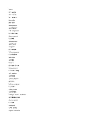 Atacar
FLY AWAY
Huir volando
FLY DOWN
Descender
FLY OFF
Desprenderse
GET ABOUT
Ir de acá para allá
GET ALONG
Hacer progreso
GET AT
Dar a entender
GET AWAY
Escaparse
GET BACK
Volver, recuperar
GET DOWN
Descender
GET TO
Llegar a
GET IN / INTO
Entrar, meterse
GET OUT (OF)
Salir, apearse
GET OFF
Apearse, bajarse
GET ON
Subirse, progresar
GET OUT
Producir, salir
GET OVER
Saltar por encima, recobrarse
GET THROUGH
Abrirse camino
GET UP
Levantarse
GIVE AWAY
Repartir, denunciar
 