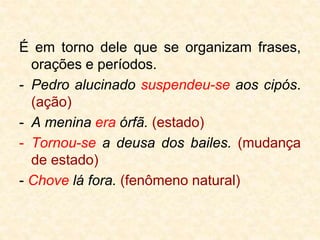É em torno dele que se organizam frases,
orações e períodos.
- Pedro alucinado suspendeu-se aos cipós.
(ação)
- A menina era órfã. (estado)
- Tornou-se a deusa dos bailes. (mudança
de estado)
- Chove lá fora. (fenômeno natural)
 