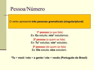 Pessoa/Número
O verbo apresenta três pessoas gramaticais (singular/plural)
1ª pessoa (a que fala)
Ex: Eu estudo; nós* estudamos;
2ª pessoa (a quem se fala)
Ex: Tu* estudas; vós* estudais;
3ª pessoa (de quem se fala)
Ex: Ele estuda; eles estudam.
*Tu = você / nós = a gente / vós = vocês (Português do Brasil)
 