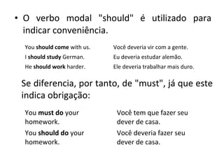 • O verbo modal "should" é utilizado para
indicar conveniência.
You should come with us. Você deveria vir com a gente.
I should study German. Eu deveria estudar alemão.
He should work harder. Ele deveria trabalhar mais duro.
Se diferencia, por tanto, de "must", já que este
indica obrigação:
You must do your
homework.
Você tem que fazer seu
dever de casa.
You should do your
homework.
Você deveria fazer seu
dever de casa.
 