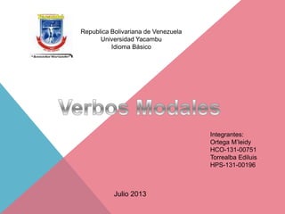 Republica Bolivariana de Venezuela
Universidad Yacambu
Idioma Básico
Integrantes:
Ortega M’leidy
HCO-131-00751
Torrealba Ediluis
HPS-131-00196
Julio 2013
 