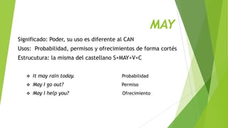 MAY
Significado: Poder, su uso es diferente al CAN

Usos: Probabilidad, permisos y ofrecimientos de forma cortés
Estrucutura: la misma del castellano S+MAY+V+C


It may rain today.

Probabilidad



May I go out?

Permiso



May I help you?

Ofrecimiento

 