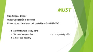 MUST
Significado: Deber

Usos: Obligación o certeza
Estrucutura: la misma del castellano S+MUST+V+C


Students must study hard



We must respect law



I must eat healthy

certeza y obligación

 