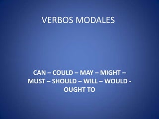 VERBOS MODALES
CAN – COULD – MAY – MIGHT –
MUST – SHOULD – WILL – WOULD -
OUGHT TO
 