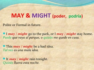 MAY & MIGHT (poder, podría)
Polite or Formal in future.
I may / might go to the park, or I may / might stay home.
Puede que vaya al parque, o quizás me quede en casa.
This may / might be a bad idea.
Tal vez es una mala idea.
It may / might rain tonight.
Quizás llueva esta noche.
 
