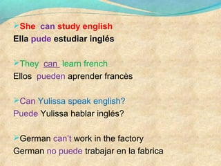 She can study english
Ella pude estudiar inglés
They can learn french
Ellos pueden aprender francès
Can Yulissa speak english?
Puede Yulissa hablar inglés?
German can’t work in the factory
German no puede trabajar en la fabrica
 