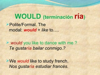 WOULD (terminación ría)
Polite/Formal. The
modal: would + like to….
 would you like to dance with me.?
Te gustaría bailar conmigo.?
We would like to study french.
Nos gustaría estudiar francès.
 
