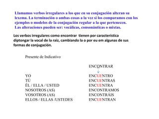 Llamamos verbos irregulares a los que en su conjugación alteran su
lexema. La terminación o ambas cosas a la vez si los comparamos con los
ejemplos o modelos de la conjugación regular a la que pertenecen.
Las alteraciones pueden ser: vocálicas, consonánticas o mixtas.

Los verbos irregulares como encontrar tienen por característica
diptongar la vocal de la raiz, cambiando la o por eu em algunas de sus
formas de conjugación.

       Presente de Indicativo

                                             ENCONTRAR

       YO                                    ENCUENTRO
       TÚ                                    ENCUENTRAS
       ÉL / ELLA / USTED                     ENCUENTRA
       NOSOTROS (AS)                         ENCONTRAMOS
       VOSOTROS (AS)                         ENCONTRÁIS
       ELLOS / ELLAS /USTEDES                ENCUENTRAN
 