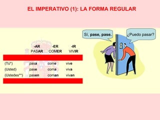 EL IMPERATIVO (1): LA FORMA REGULAR 
Sí, pase, pase. ¿Puedo pasar? 
-AR 
PASAR 
-ER 
COMER 
-IR 
VIVIR 
(Tú*) pasa come vive 
(Usted) pase coma viva 
(Ustedes**) pasen coman vivan 
 