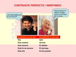 CONTRASTE PERFECTO / INDEFINIDO 
¿Que has hecho este 
fin de semana? 
Nada especial. El 
sábado no hice 
nada y el domingo 
fui al campo. 
El perfecto se usa con: El indefinido se usa con: 
Hoy Ayer 
Esta mañana Anoche 
Esta semana El sábado 
Este fin de semana El domingo 
Este año El año pasado 
 